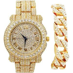 Men's Gold Round Luxury Silver Watch With Bling-ed Out Bracelet L0504b